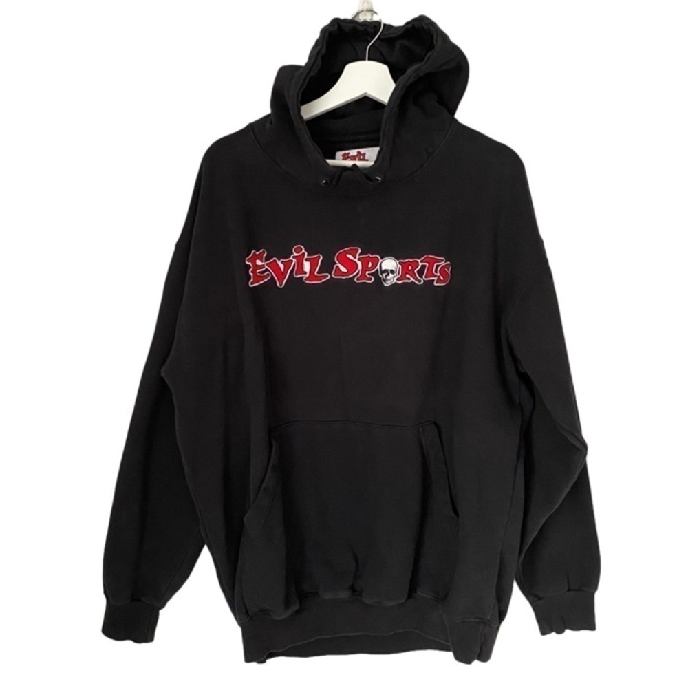 EVIL SPORTS Sweatshirt Vintage Hooded Long Sleeve Front Logo Black Red Size M